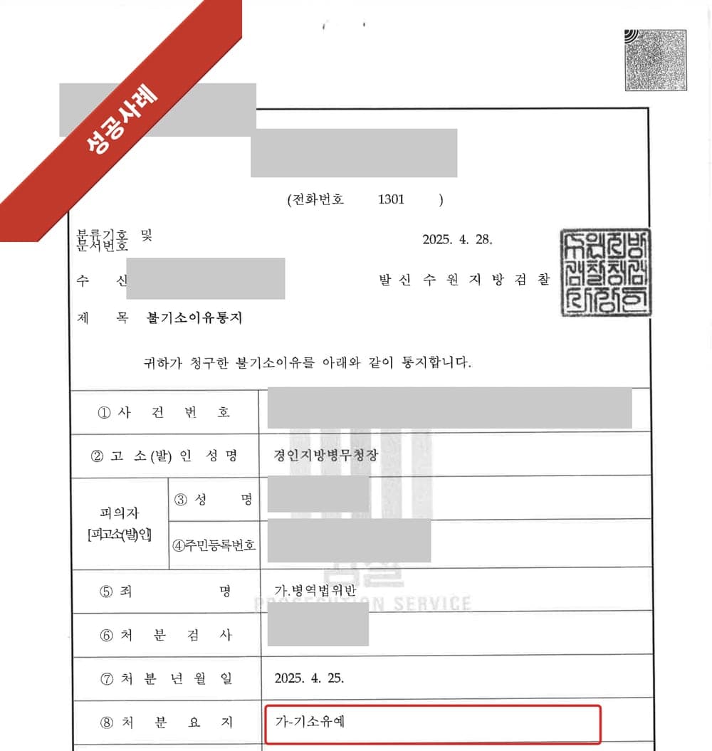 병역법위반 불기소이유통지 첫 페이지 (개인정보 마스킹)