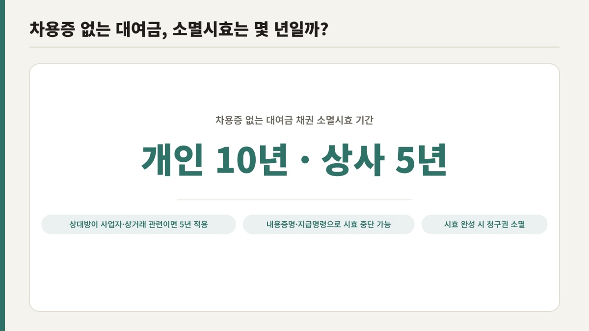 차용증 없는 대여금 채권 소멸시효, 개인 10년 상사 5년
